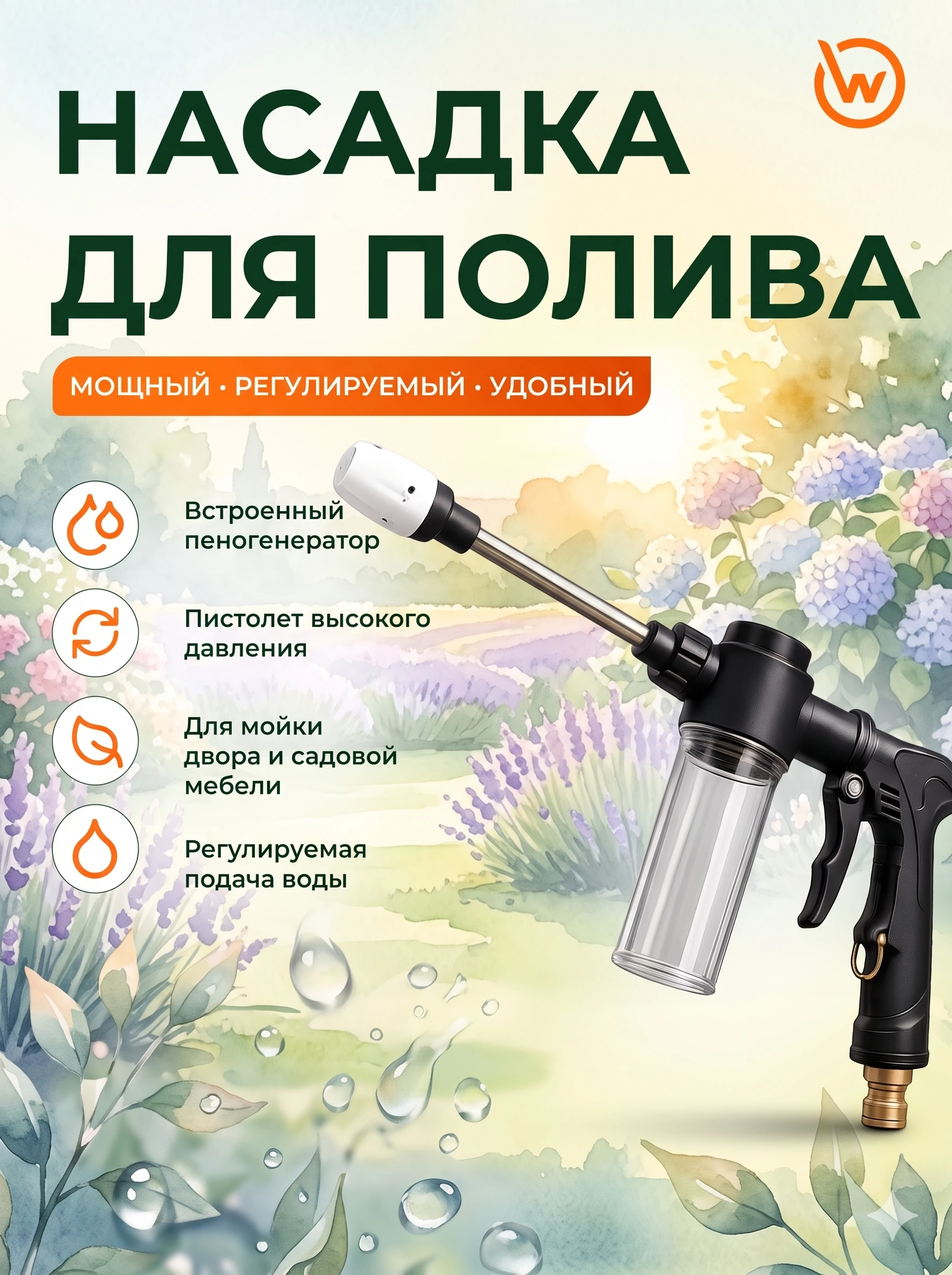 Насадка-распылитель с пеногенератором для полива и мойки