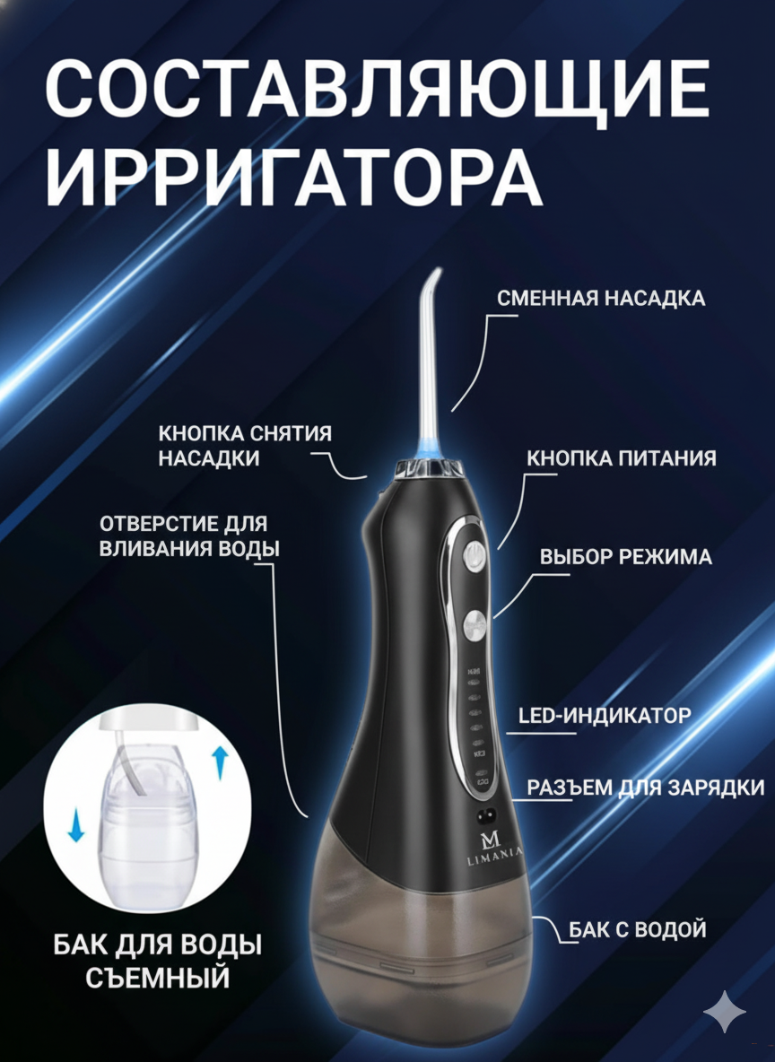 Ирригатор для полости рта портативный, Limania LM-01PB, 5 режимов, 8 насадок, черный