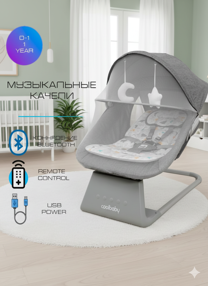 Шезлонг для новорожденных Cool Baby 4 в 1 Deluxe, серый