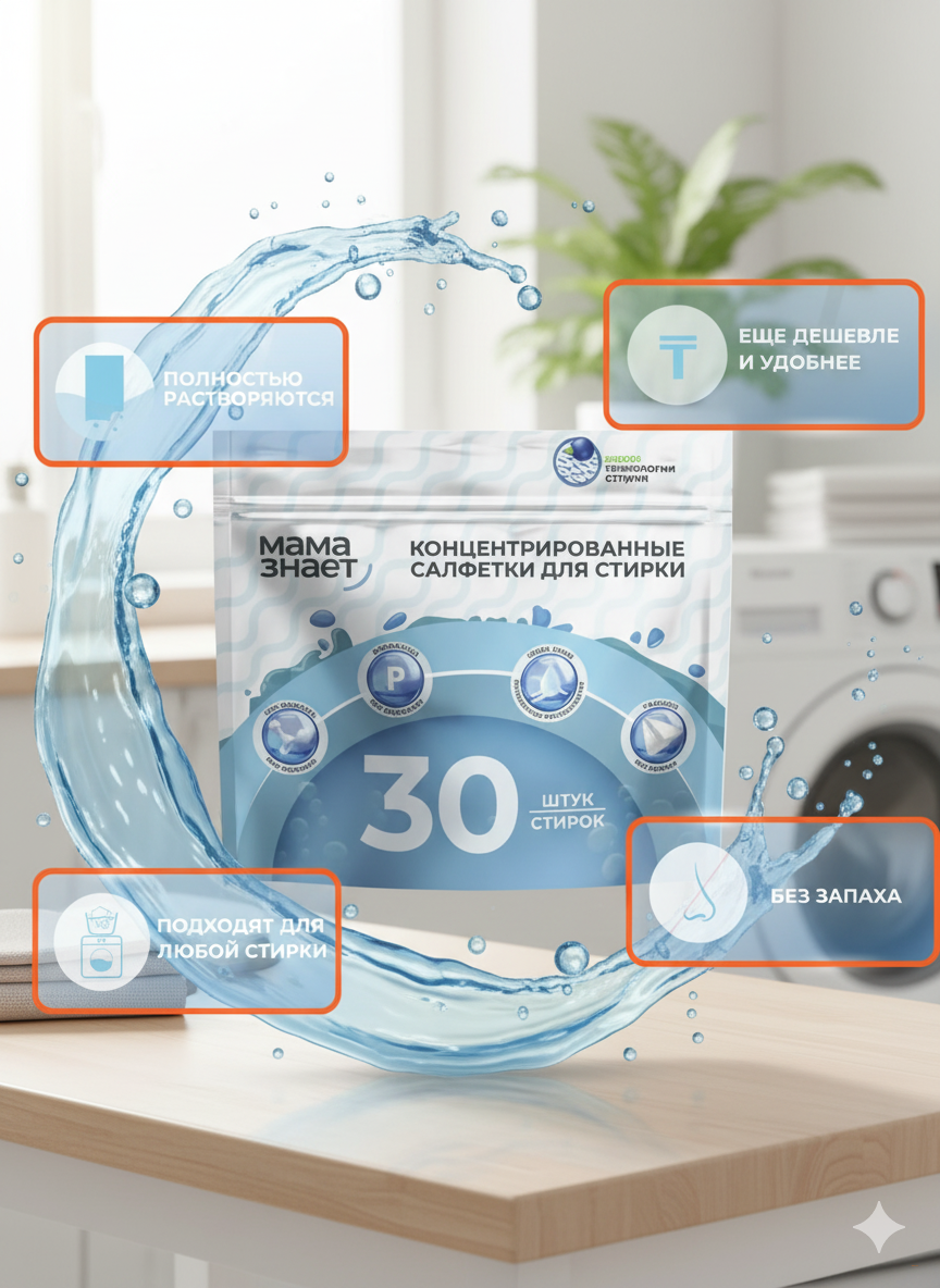 Мама Знает! Пластины для стирки! 30 штук. Подходят для детского белья Мгновенно растворяются в воде Эффективно отстирывают!