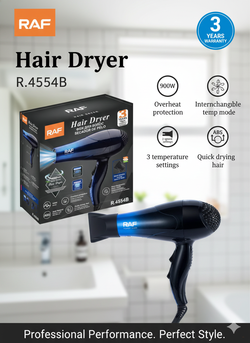 Профессиональный фен RAF R.4554B, 900 Вт