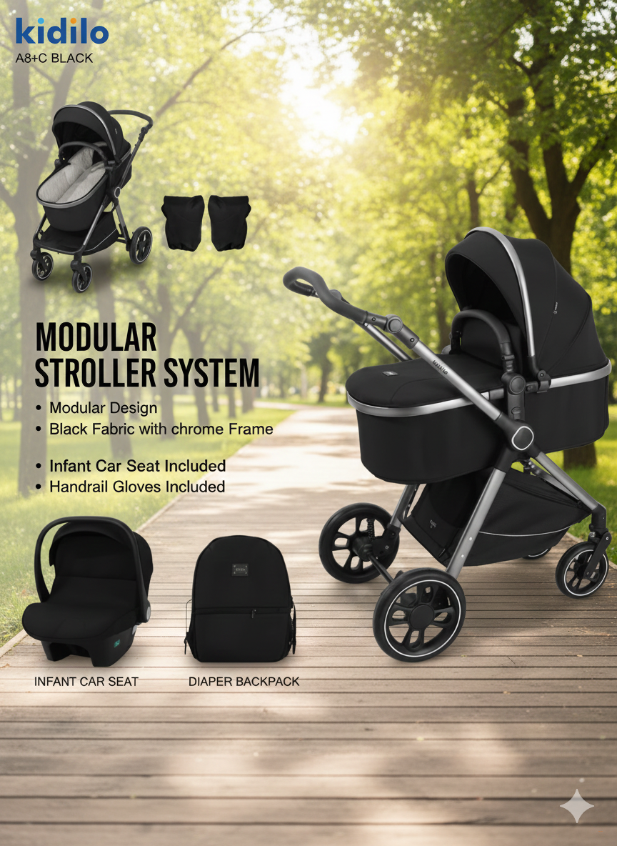 Коляска 3-в-1 KIDILO A8+C (чёрная / серая / хаки/зелёная)
