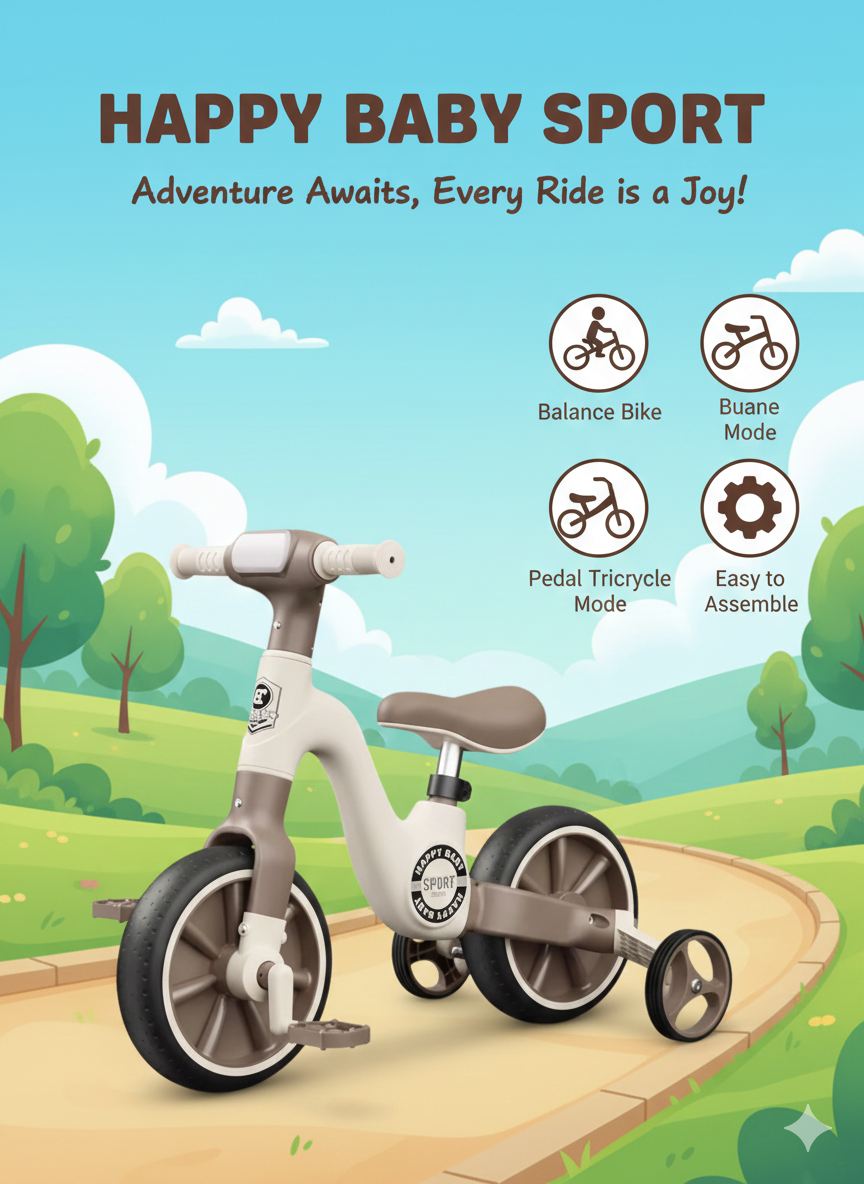 Детский беговел 2 в 1 с педалями, бежево-коричневый