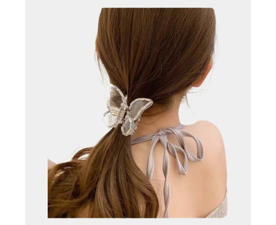 Заколка бабочка для волос, прозрачная, с камушками 4см