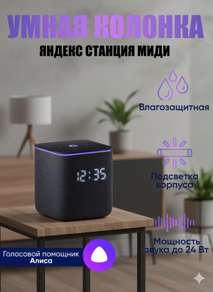 Новая Умная колонка Станция Миди с Алисой,  черная