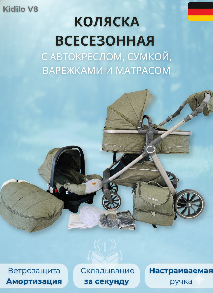 Коляска-трансформер  Luxmom V8, с сумкой, варежками комфорт с рождения до 3 лет