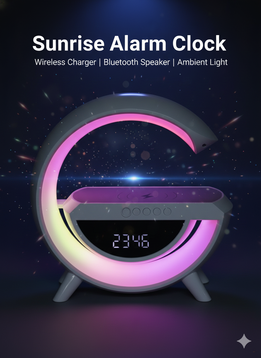 Настольная смарт-лампа с часами 3401, LED, с беспроводной зарядкой и динамиком