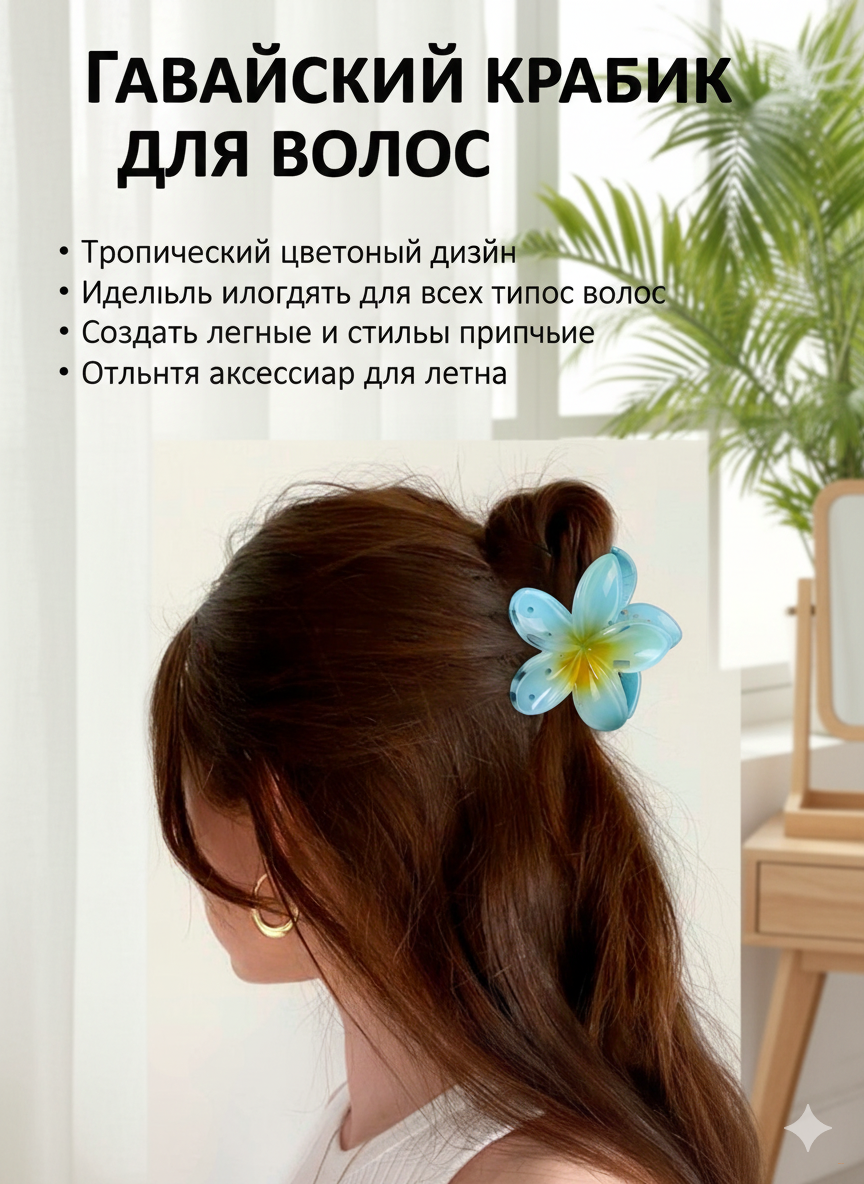 Заколка - цветок в Гавайском стиле, Летняя заколка - краб для волос, цветочек  5 см